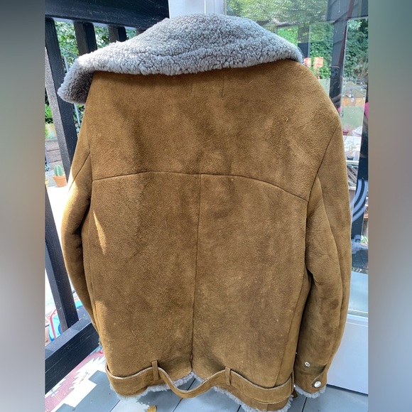 Acne Velicite Shearling Brown Gray Moto Jacket Coat 38 oversized Sheepskin suede - Picture 2 of 6
